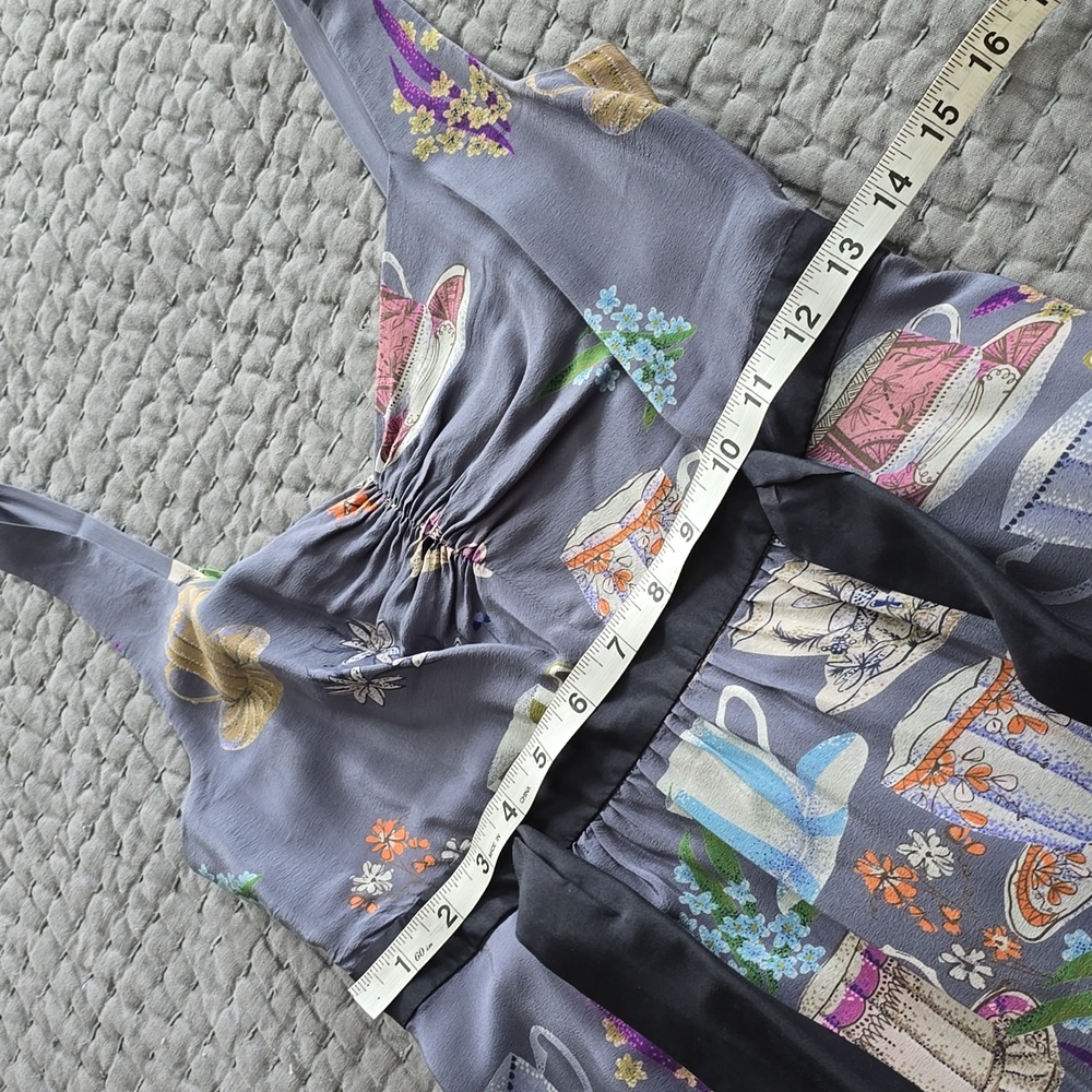 Anthropologie Dress By FLOREAT Teacup Print Purple Silk "Sugar & Cream Dress" - Picture 6 of 16